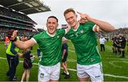 23 July 2023; Limerick players Darragh O'Donovan, left, and William O'Donoghue celebrate after the GAA Hurling All-Ireland Senior Championship final match between Kilkenny and Limerick at Croke Park in Dublin. Photo by Ramsey Cardy/Sportsfile