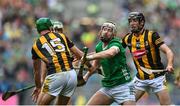 23 July 2023; Cian Lynch of Limerick in action against players Eoin Cody, left, and Tom Phelan of Kilkenny during the GAA Hurling All-Ireland Senior Championship final match between Kilkenny and Limerick at Croke Park in Dublin. Photo by Sam Barnes/Sportsfile