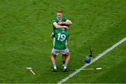 23 July 2023; Limerick players Aaron Costello, right, and William O'Donoghue celebrate after the GAA Hurling All-Ireland Senior Championship final match between Kilkenny and Limerick at Croke Park in Dublin. Photo by Daire Brennan/Sportsfile