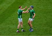 23 July 2023; Limerick players William O'Donoghue, left, and David Reidy celebrate after the GAA Hurling All-Ireland Senior Championship final match between Kilkenny and Limerick at Croke Park in Dublin. Photo by Daire Brennan/Sportsfile