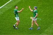 23 July 2023; Limerick players Dan Morrissey, left, and David Reidy celebrate after the GAA Hurling All-Ireland Senior Championship final match between Kilkenny and Limerick at Croke Park in Dublin. Photo by Daire Brennan/Sportsfile