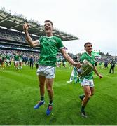 23 July 2023; Limerick players from left, David Reidy and Cathal O'Neill celebrate after the GAA Hurling All-Ireland Senior Championship final match between Kilkenny and Limerick at Croke Park in Dublin. Photo by David Fitzgerald/Sportsfile