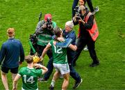 23 July 2023; Limerick manager John Kiely celebrates with Tom Morrissey after the GAA Hurling All-Ireland Senior Championship final match between Kilkenny and Limerick at Croke Park in Dublin. Photo by Daire Brennan/Sportsfile