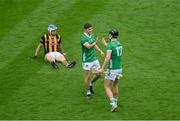 23 July 2023; Limerick players Aaron Costello, left, and Conor Boylan, celebrate near a dejected TJ Reid of Kilkenny after the GAA Hurling All-Ireland Senior Championship final match between Kilkenny and Limerick at Croke Park in Dublin. Photo by Daire Brennan/Sportsfile