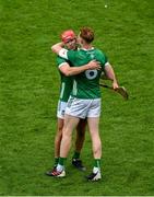23 July 2023; Limerick players Barry Nash, left, and William O'Donoghue, celebrate after the GAA Hurling All-Ireland Senior Championship final match between Kilkenny and Limerick at Croke Park in Dublin. Photo by Daire Brennan/Sportsfile