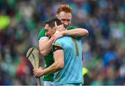 23 July 2023; Limerick players William O'Donoghue, left, and Nickie Quaid celebrate after the GAA Hurling All-Ireland Senior Championship final match between Kilkenny and Limerick at Croke Park in Dublin. Photo by Sam Barnes/Sportsfile