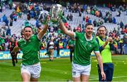23 July 2023; Limerick players Darragh O’Donovan, left, and Diarmaid Byrnes celebrate after the GAA Hurling All-Ireland Senior Championship final match between Kilkenny and Limerick at Croke Park in Dublin. Photo by Sam Barnes/Sportsfile