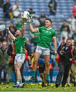 23 July 2023; Limerick players Oisín O'Reilly, left, and Cathal O'Neill celebrate with the Liam MacCarthy Cup after the GAA Hurling All-Ireland Senior Championship final match between Kilkenny and Limerick at Croke Park in Dublin. Photo by Sam Barnes/Sportsfile
