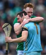 23 July 2023; Limerick players William O'Donoghue, behind, and Nickie Quaid celebrate after their side's victory in the GAA Hurling All-Ireland Senior Championship final match between Kilkenny and Limerick at Croke Park in Dublin. Photo by Piaras Ó Mídheach/Sportsfile