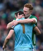 23 July 2023; Limerick players William O'Donoghue, behind, and Nickie Quaid celebrate after their side's victory in the GAA Hurling All-Ireland Senior Championship final match between Kilkenny and Limerick at Croke Park in Dublin. Photo by Piaras Ó Mídheach/Sportsfile