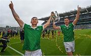23 July 2023; Barry Nash, left, and Diarmaid Byrnes of Limerick with the Liam MacCarthy Cup after the GAA Hurling All-Ireland Senior Championship final match between Kilkenny and Limerick at Croke Park in Dublin. Photo by Ramsey Cardy/Sportsfile