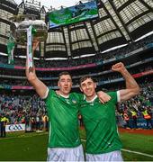 23 July 2023; Diarmaid Byrnes, left, and Barry Nash of Limerick with the Liam MacCarthy Cup after the GAA Hurling All-Ireland Senior Championship final match between Kilkenny and Limerick at Croke Park in Dublin. Photo by Ramsey Cardy/Sportsfile