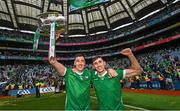 23 July 2023; Diarmaid Byrnes, left, and Barry Nash of Limerick with the Liam MacCarthy Cup after the GAA Hurling All-Ireland Senior Championship final match between Kilkenny and Limerick at Croke Park in Dublin. Photo by Ramsey Cardy/Sportsfile