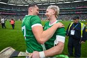 23 July 2023; Cian Lynch, right, Kyle Hayes of Limerick celebrate after the GAA Hurling All-Ireland Senior Championship final match between Kilkenny and Limerick at Croke Park in Dublin. Photo by David Fitzgerald/Sportsfile