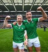 23 July 2023; Cian Lynch, left, Kyle Hayes of Limerick celebrate after the GAA Hurling All-Ireland Senior Championship final match between Kilkenny and Limerick at Croke Park in Dublin. Photo by David Fitzgerald/Sportsfile