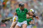 23 July 2023; Gearóid Hegarty of Limerick in action against TJ Reid of Kilkenny during the GAA Hurling All-Ireland Senior Championship final match between Kilkenny and Limerick at Croke Park in Dublin. Photo by Sam Barnes/Sportsfile