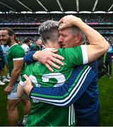 23 July 2023; Limerick manager John Kiely, right, celebrates with Graeme Mulcahy after the GAA Hurling All-Ireland Senior Championship final match between Kilkenny and Limerick at Croke Park in Dublin. Photo by David Fitzgerald/Sportsfile