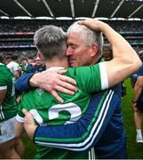23 July 2023; Limerick manager John Kiely, right, celebrates with Graeme Mulcahy after the GAA Hurling All-Ireland Senior Championship final match between Kilkenny and Limerick at Croke Park in Dublin. Photo by David Fitzgerald/Sportsfile