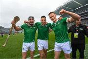 23 July 2023; Limerick players Conor Boylan, left, Dan Morrissey and William O'Donoghue celebrate after the GAA Hurling All-Ireland Senior Championship final match between Kilkenny and Limerick at Croke Park in Dublin. Photo by Ramsey Cardy/Sportsfile