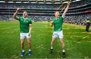 23 July 2023; Brothers Mike, left, and Peter Casey of Limerick celebrate after the GAA Hurling All-Ireland Senior Championship final match between Kilkenny and Limerick at Croke Park in Dublin. Photo by David Fitzgerald/Sportsfile