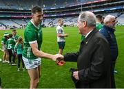 23 July 2023; Diarmaid Byrnes of Limerick with JP McManus during the GAA Hurling All-Ireland Senior Championship final match between Kilkenny and Limerick at Croke Park in Dublin. Photo by David Fitzgerald/Sportsfile