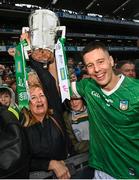 23 July 2023; Dan Morrissey of Limerick with his mum Mairead after the GAA Hurling All-Ireland Senior Championship final match between Kilkenny and Limerick at Croke Park in Dublin. Photo by Ramsey Cardy/Sportsfile