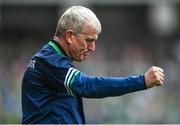23 July 2023; Limerick manager John Kiely celebrates a late point during the GAA Hurling All-Ireland Senior Championship final match between Kilkenny and Limerick at Croke Park in Dublin. Photo by David Fitzgerald/Sportsfile