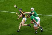 23 July 2023; Tom Phelan of Kilkenny in action against Darragh O'Donovan, left, and Kyle Hayes of Limerick  during the GAA Hurling All-Ireland Senior Championship final match between Kilkenny and Limerick at Croke Park in Dublin. Photo by Daire Brennan/Sportsfile
