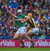 23 July 2023; Kyle Hayes of Limerick in action against Billy Ryan of Kilkenny during the GAA Hurling All-Ireland Senior Championship final match between Kilkenny and Limerick at Croke Park in Dublin. Photo by Piaras Ó Mídheach/Sportsfile