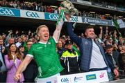 23 July 2023; Limerick players Cian Lynch, left, and Declan Hannon lift the Liam MacCarthy Cup after their side's victory in the GAA Hurling All-Ireland Senior Championship final match between Kilkenny and Limerick at Croke Park in Dublin. Photo by Ray McManus/Sportsfile