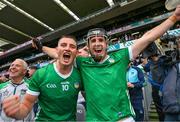 23 July 2023; Gearóid Hegarty of Limerick and Darragh O'Donovan celebrate at the final whistle of the GAA Hurling All-Ireland Senior Championship final match between Kilkenny and Limerick at Croke Park in Dublin. Photo by Ray McManus/Sportsfile