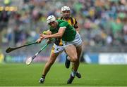 23 July 2023; Kyle Hayes of Limerick in action against Pádraig Walsh of Kilkenny during the GAA Hurling All-Ireland Senior Championship final match between Kilkenny and Limerick at Croke Park in Dublin. Photo by Sam Barnes/Sportsfile