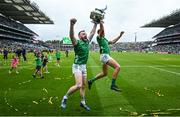 23 July 2023; Oisín O'Reilly, left, and Cathal O'Neill of Limerick celebrate after the GAA Hurling All-Ireland Senior Championship final match between Kilkenny and Limerick at Croke Park in Dublin. Photo by David Fitzgerald/Sportsfile