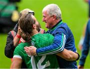 23 July 2023; Limerick manager John Kiely and Tom Morrissey celebrate after the GAA Hurling All-Ireland Senior Championship final match between Kilkenny and Limerick at Croke Park in Dublin. Photo by Ray McManus/Sportsfile