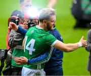 23 July 2023; Limerick manager John Kiely and Séamus Flanagan celebrate after the GAA Hurling All-Ireland Senior Championship final match between Kilkenny and Limerick at Croke Park in Dublin. Photo by Ray McManus/Sportsfile
