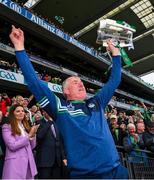 23 July 2023; Limerick manager John Kiely lifts the Liam MacCarthy Cup after the GAA Hurling All-Ireland Senior Championship final match between Kilkenny and Limerick at Croke Park in Dublin. Photo by Ray McManus/Sportsfile