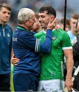 23 July 2023; Limerick manager John Kiely, left, and Aaron Gillane celebrate after the GAA Hurling All-Ireland Senior Championship final match between Kilkenny and Limerick at Croke Park in Dublin. Photo by Brendan Moran/Sportsfile