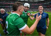 23 July 2023; Limerick players, from right, Sean Finn, Aaron Gillane and Mike Casey after the GAA Hurling All-Ireland Senior Championship final match between Kilkenny and Limerick at Croke Park in Dublin. Photo by David Fitzgerald/Sportsfile