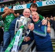 23 July 2023; Limerick manager John Kiely and six time All Star Joe McKenna celebrate with the Liam MacCarthy Cup after the GAA Hurling All-Ireland Senior Championship final match between Kilkenny and Limerick at Croke Park in Dublin. Photo by Ray McManus/Sportsfile
