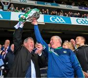 23 July 2023; Limerick manager John Kiely celebrates with businessman JP McManus and the Lian MacCarthy Cup after the GAA Hurling All-Ireland Senior Championship final match between Kilkenny and Limerick at Croke Park in Dublin. Photo by Ray McManus/Sportsfile