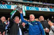 23 July 2023; Limerick manager John Kiely celebrates with businessman JP McManus and the Lian MacCarthy Cup after the GAA Hurling All-Ireland Senior Championship final match between Kilkenny and Limerick at Croke Park in Dublin. Photo by Ray McManus/Sportsfile