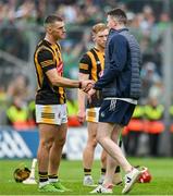 23 July 2023; Injured Limerick captain Declan Hannon, right, commisserates with Eoin Cody of Kilkenny after the GAA Hurling All-Ireland Senior Championship final match between Kilkenny and Limerick at Croke Park in Dublin. Photo by Brendan Moran/Sportsfile