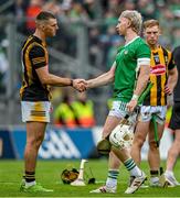 23 July 2023; Cian Lynch of Limerick, right, commisserates with Eoin Cody of Kilkenny after the GAA Hurling All-Ireland Senior Championship final match between Kilkenny and Limerick at Croke Park in Dublin. Photo by Brendan Moran/Sportsfile