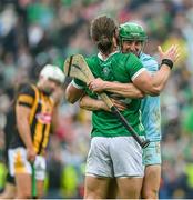 23 July 2023; Tom Morrissey, left, and Nickie Quaid of Limerick celbrate at the final whistle of the GAA Hurling All-Ireland Senior Championship final match between Kilkenny and Limerick at Croke Park in Dublin. Photo by Brendan Moran/Sportsfile