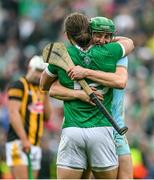 23 July 2023; Tom Morrissey, left, and Nickie Quaid of Limerick celebrate at the final whistle of the GAA Hurling All-Ireland Senior Championship final match between Kilkenny and Limerick at Croke Park in Dublin. Photo by Brendan Moran/Sportsfile
