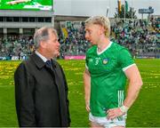 23 July 2023; Limerick captain Cian Lynch with businessman JP McManus after the GAA Hurling All-Ireland Senior Championship final match between Kilkenny and Limerick at Croke Park in Dublin. Photo by Ray McManus/Sportsfile