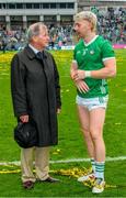 23 July 2023; Limerick captain Cian Lynch with businessman JP McManus after the GAA Hurling All-Ireland Senior Championship final match between Kilkenny and Limerick at Croke Park in Dublin. Photo by Ray McManus/Sportsfile