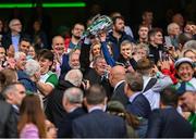 23 July 2023; Businessman and Limerick supporter JP McManus celebrates with the Liam MacCarthy cup after the GAA Hurling All-Ireland Senior Championship final match between Kilkenny and Limerick at Croke Park in Dublin. Photo by Piaras Ó Mídheach/Sportsfile