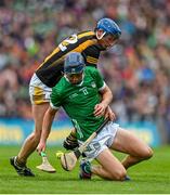 23 July 2023; David Reidy of Limerick is tackled by John Donnelly of Kilkenny during the GAA Hurling All-Ireland Senior Championship final match between Kilkenny and Limerick at Croke Park in Dublin. Photo by Brendan Moran/Sportsfile
