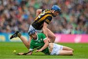 23 July 2023; David Reidy of Limerick is tackled by John Donnelly of Kilkenny during the GAA Hurling All-Ireland Senior Championship final match between Kilkenny and Limerick at Croke Park in Dublin. Photo by Brendan Moran/Sportsfile